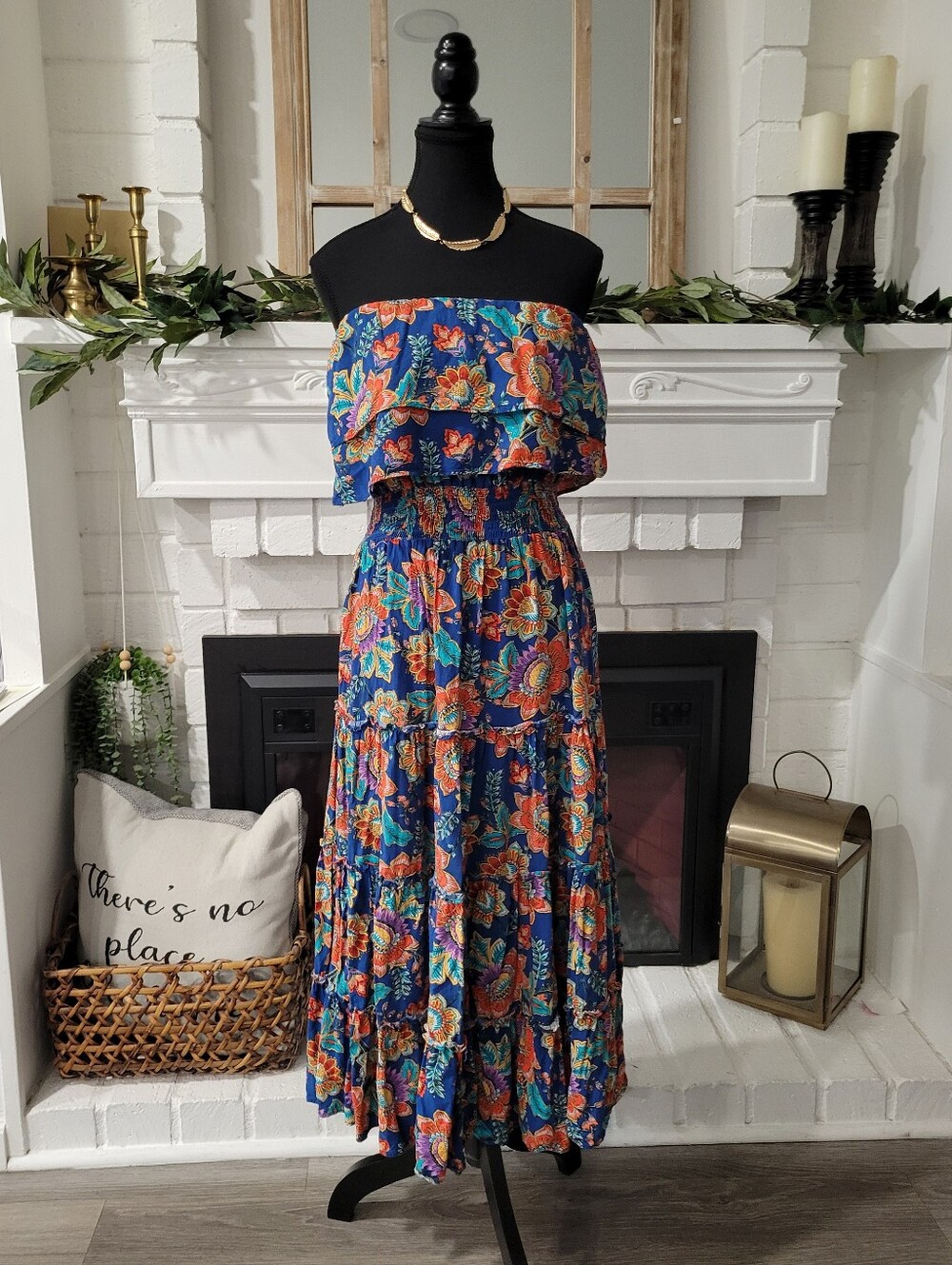 1.STATE Floral Strapless Smocked-Waist Tiered Midi  Cover-up Dress Large